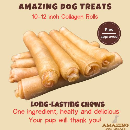 Amazing Dog Treats 10 Inch Mega Thick Collagen Roll (6 Count)- Collagen Beef Cheek Rolls for Dogs