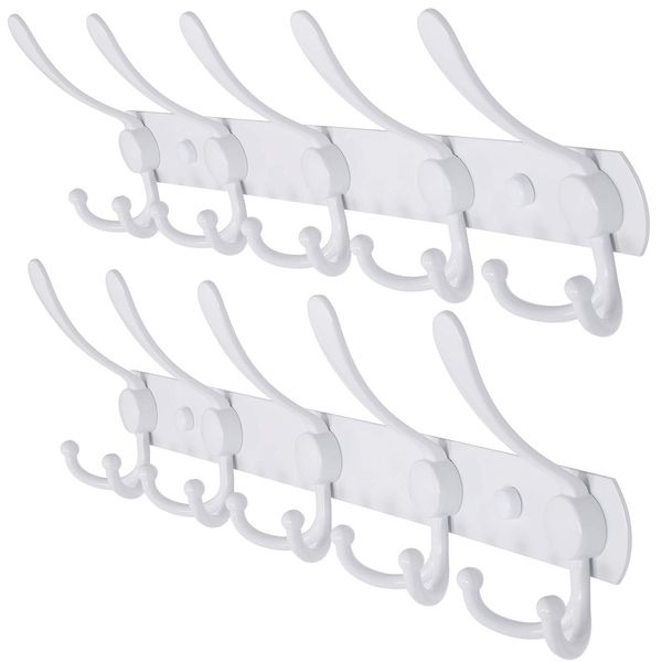 Dseap Wall Mounted Coat Rack - 5 Tri Hooks, Heavy Duty, Stainless Steel, Metal Coat Hook Rail for Coat Hat Towel Purse Robes Mudroom Bathroom Entryway (White, 2 Packs)