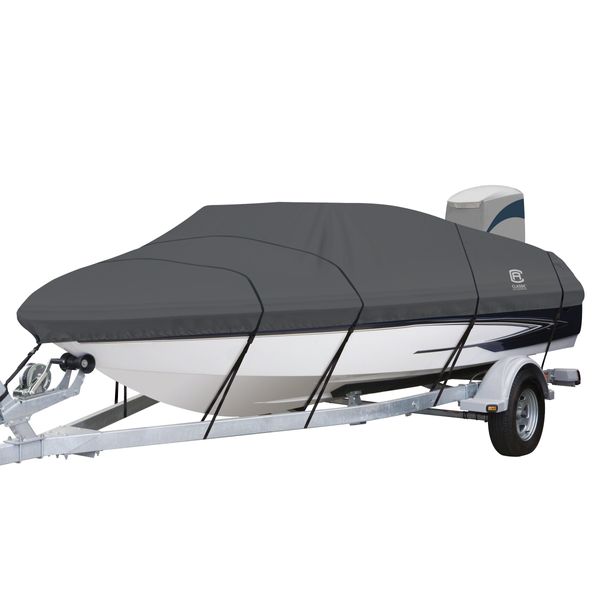 Classic Accessories StormPro Dark Grey Heavy-Duty Boat Cover, Fits boats 17 Foot - 19 Foot L x 102 in W, Marine Grade Fabric, Water-Resistant, Fits V-Hull Runabouts OutBoards and I/O