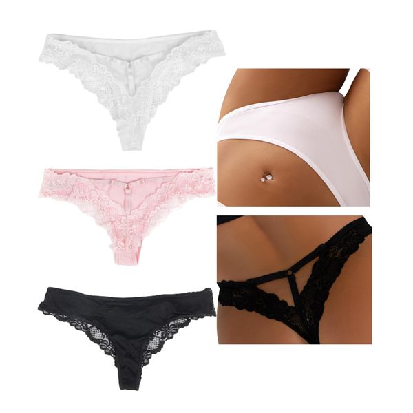 ohyeahlady Thong Brazilian Slip Damen Sexy Spitze String Tanga Set Dessous Unterwäsche Unterhosen Panty Große Größen Bikini Hipster Reizwäsche(Schwarz+Weiß+Rosa,M-L)