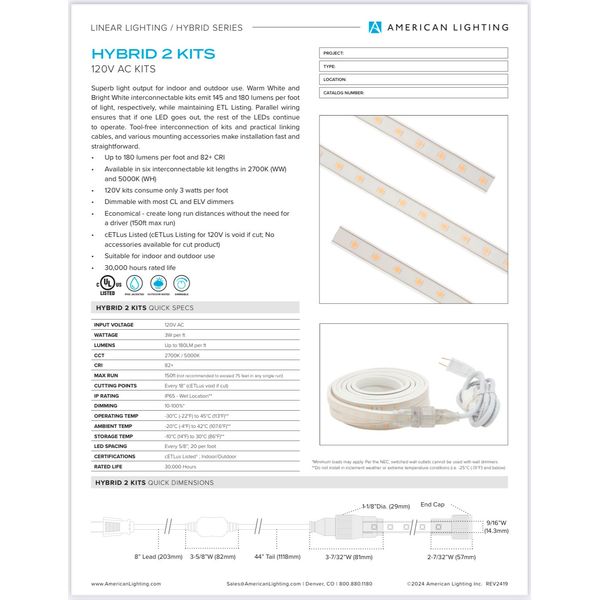 American Lighting 120 Volt Tape Light H2-KIT-6-WH 5500K