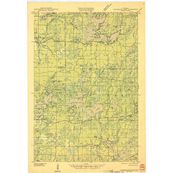 YellowMaps Namekagon Lake WI topo map, 1:48000 Scale, 15 X 15 Minute, Historical, 1945, 26.4 x 18.13 in - Paper