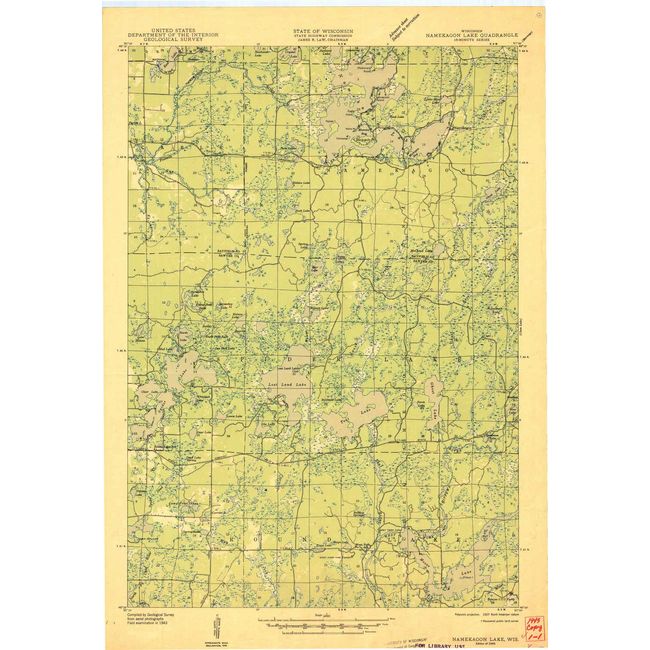 YellowMaps Namekagon Lake WI topo map, 1:48000 Scale, 15 X 15 Minute, Historical, 1945, 26.4 x 18.13 in - Paper