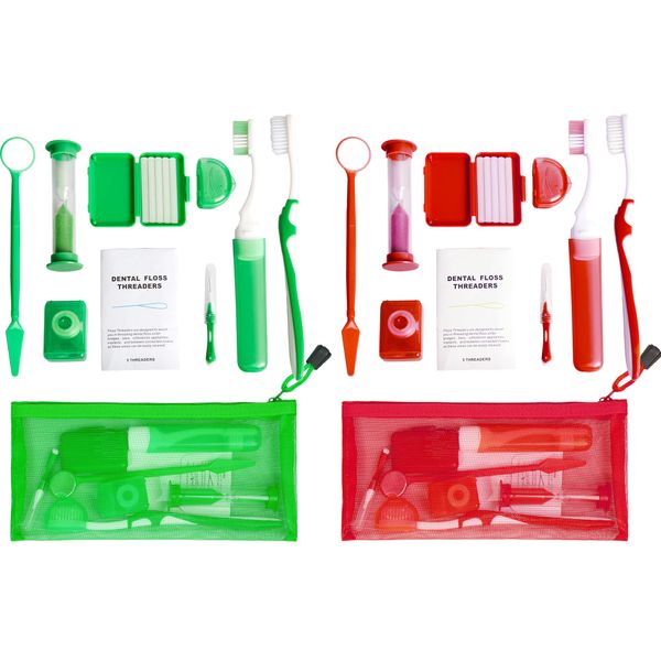 Uouovo Portable Orthodontic Oral Care Kit for Braces -2 Orthodontic Care Set - Dental Braces Kit, Interdental Brush Dental Wax Dental Floss Toothbrush Cleaning Kit(Green & Red)