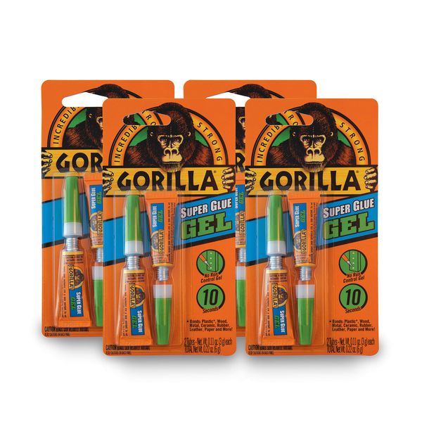 Gorilla Super Glue Gel, Two 3 Gram Tubes, Clear, (Pack of 4)