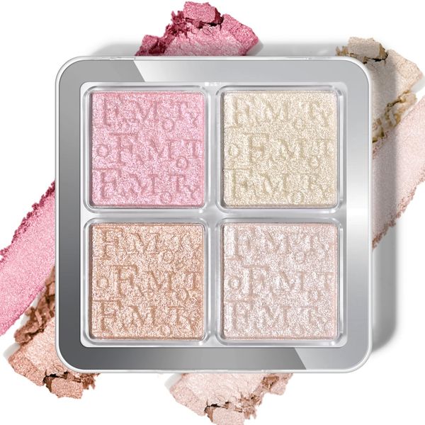 KYDA Baked Powder Highlighter, 4 Color Shimmer Glow Illuminating Powder Palette, Long lasting Face Highlighter Bronzer Makeup Palette for Girls Women-#01