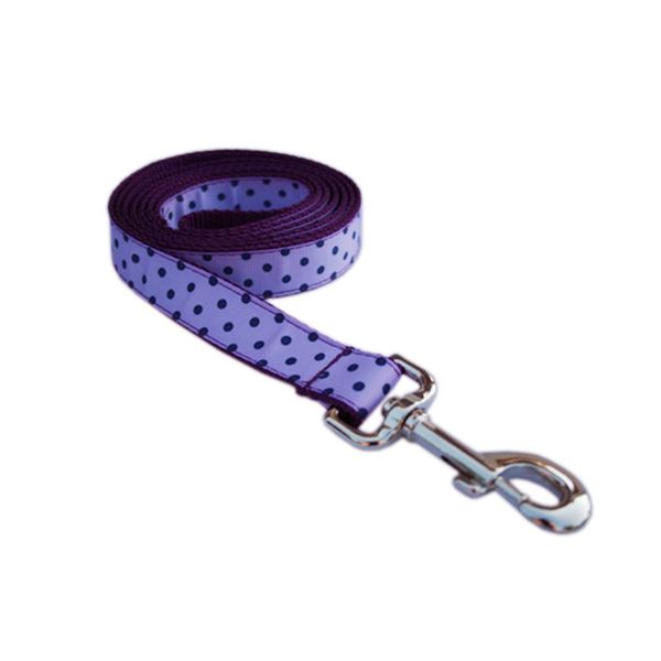 Small Orchid/Navy Polka Dot Dog Leash: 3/4" wide, 4ft length - Made in USA.