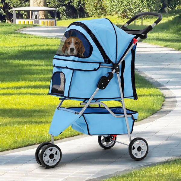 3 Wheels Pet Stroller Cat Stroller Dog Travel Folding Stroller W/ Durable Wheels