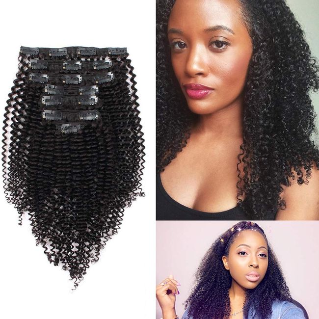 ABH AmazingBeauty Hair 8A Real Human Hair Clip in Extensions Kinkys Curly Virgin Natural Color 3C and 4A Type for Bantu Knotted, Twisted Out, 120 Gram, Jet Black 1, 20 Inch