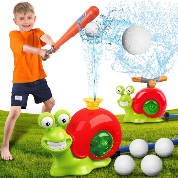 TERRAMUS 2-in-1 Snail Water Sprinkler Baseball Toys, 360° Roating Spray Water Play Game with 2 Sprinkler Heads, Water Splashing Toy for Kids Outdoor, Summer Backyard Lawn Pool Party Fun for Boys Girls