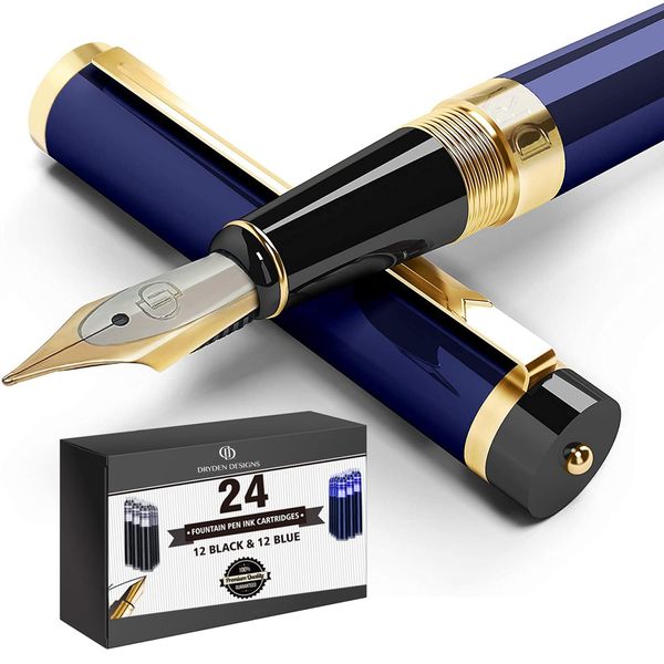 Dryden Designs Fountain Pen - Medium Nib 0.5mm | Includes 24 Ink Cartridges - 12 Black 12 Blue and Ink Refill Converter | Calligraphy Pen, Smooth Look -Deep Blue.