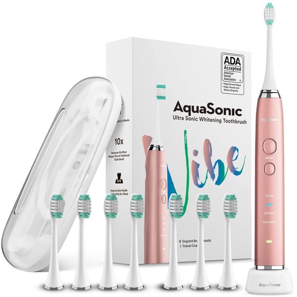 Aquasonic Vibe Series Ultra-Whitening Toothbrush – ADA Accepted Power Toothbrush - 8 Brush Heads & Travel Case – 40,000 VPM Motor & Wireless Charging - 4 Modes w Smart Timer – Satin Rose Gold