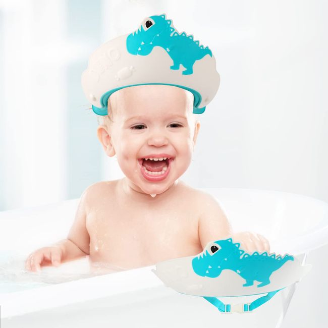 JOFONY Duschhaube Kinder,Haarwaschhilfe Kinder,Verstellbarer Haare Waschen Kinderschutz,Silikon Augenschutz Schutzkappe für Babydusche und Shampoo(Dinosaurier Blau)