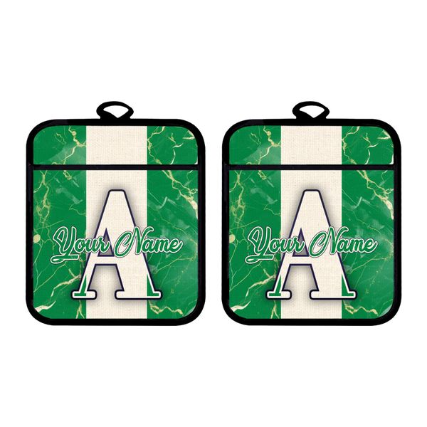Bleu Reign Personalized Potholder Set Custom Name Nigeria Flag Marble Monogram Linen