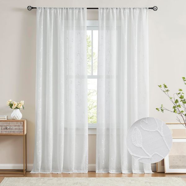 Vision Home Floral White Sheer Curtains 84 inch Embroidery Leaf Patterned Farmhouse Light Filtering Embroidered Window Treatment Set for Living Room Bedroom White Rod Pocket Drapes 2 Panels 52"Wx84"L