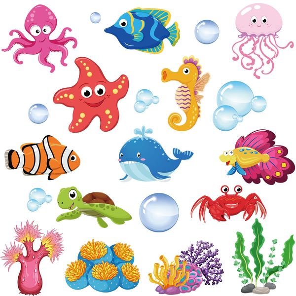 Pajean 48 Pcs Sea Life Cut Outs Ocean Fish Cutouts Animal Under The Themed Accents with 60 Glue Points for Bulletin Board School Classroom Fishing Party Decoration