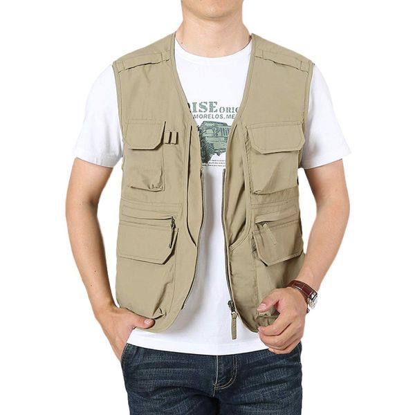 Gihuo Mens Fishing Vest Summer Outdoor Work Vest Utility Safari Travel Lightweight Sleeveless Jackets with Pockets（Khaki-M）