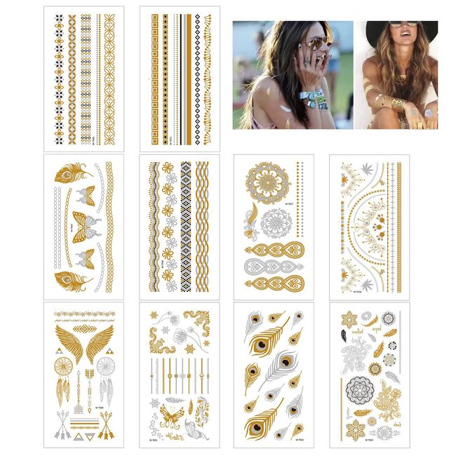 10 Blatt Flash Tattoos,Temporäre Tattoos,Metallic Temporäre Klebetattoos Wasserdichte,Flash Metallic Klebe Tattoo Frauen Damen Erwachsene,für Festival und Party Accessoire