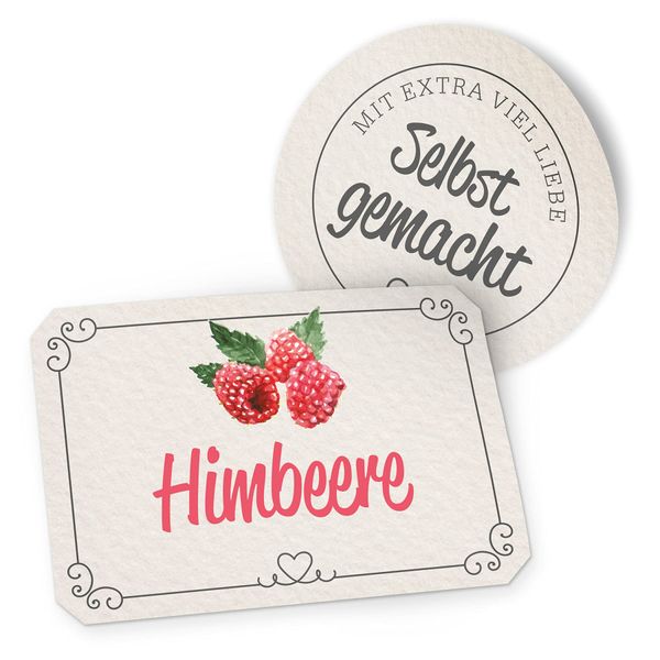 itenga Marmeladen Etikett HIMBEERE Aufkleber selbstgemacht Sticker weiß Landhausstil selbstklebend - hochwertiges Papier - 10 Aufkleber rund und 10 Aufkleber rechteckig