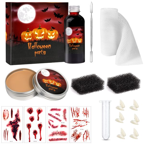 Halloween Artificial Pseudo Plasma Paste Wound Modelling Scar Wax with Spatula Tool, Stipple Sponge, False Bandage, Halloween Sticker, Vampire False Teeth