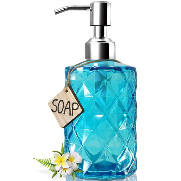JASAI Diamond Design Soap Dispenser with 304 Rust Proof Stainless Steel Soap Pump, 12 Ounce Kitchen Soap Dispenser for Bathroom, Hand Soap, Dish Soap (Clear Blue) …