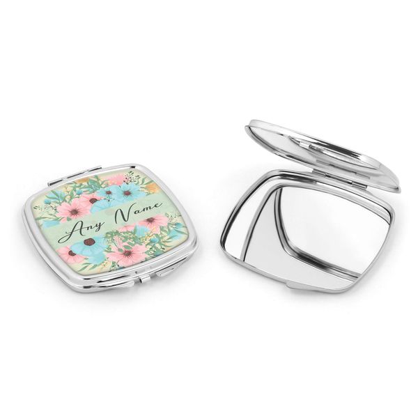 Personalised And Blue Floral Compact Pocket Mirror Any Name Initials Custom Monogram