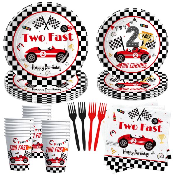 Suhelkit Race Car 2nd Birthday Party Decorations Tableware - Red Two Fast Birthday Decorations Party Supplies, Paper Plate, Cup, Napkin, Fork, Two Fast Two Curious Birthday Decorations Kids | Serve 24