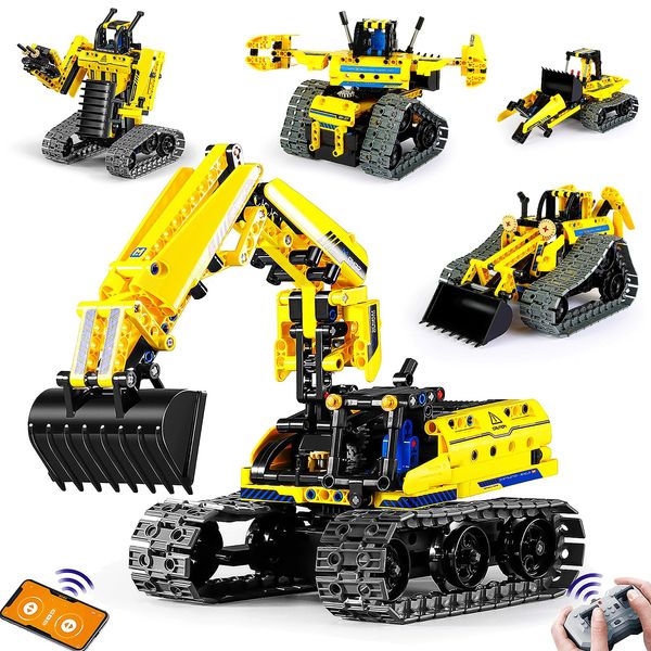 LECPOP 5 in 1 Building Toys STEM Robotics Kit, 430 PCS Blocks RC Robot Erector Sets, APP & Remote Control Excavator Science Kits for Kids Age 6 7 8 9 10 11 12-14, DIY Educational Gift for Boys & Girls