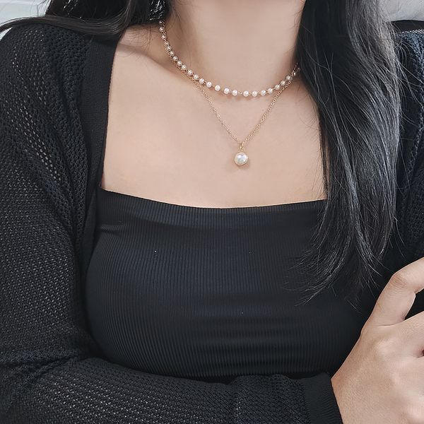 Pearl Choker Layered Necklace / Gold Pearl Chain Layering Two-Line Necklace CH1092N