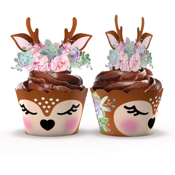 Woodland Baby Shower Cupcake Wrappers and Toppers - 24 Sets - Woodland Deer Birthday Party Decorations - Wild One Party Supplies (Woodland Deer)