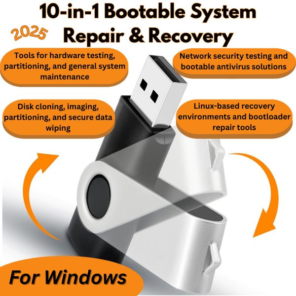 10-in-1 Bootable System Repair & Recovery USB | Diagnostics, Cloning, Antivirus