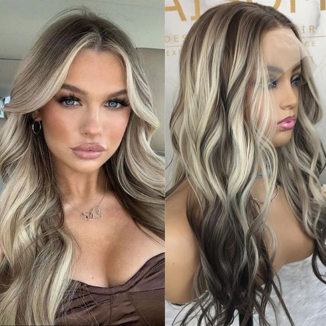 Aisom Ash Platinum 18“ Wave Highlight Wig Mixed Brown and Blonde Color Ombre Lace Front Wigs for Women Synthetic Wig (Highlight Ash Platinum)