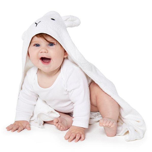 Zappi Co Baby Bath Lamb Hooded Towel 100% Cotton (70x70cm) Animal Design Soft Absorbent and Non-Balling Cotton Baby Bath Towel, for Baby Boy and Girl(White)