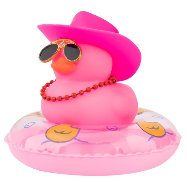 wonuu Rubber Duck Car Decorations Cute Car Accessories Dashboard Car Ornament with Cowboy Hat Swim Ring Colour Necklace and Sunglasses,F_pink red necklace pink cowboy