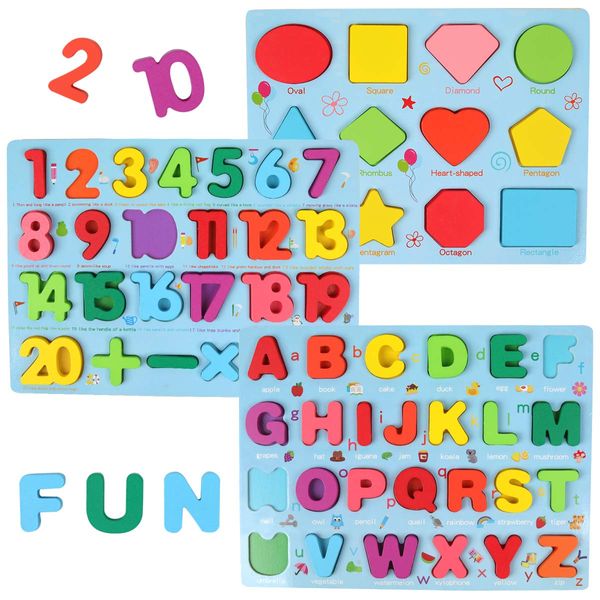 GEMEM Alphabet and Number Puzzle Set Wooden Upper Case Letter Number and Shape Learning Puzzles Board Toy, Ideal of Educational Matching Game for 3 4 5 Years Old Toddlers Boys Girls Set of 3