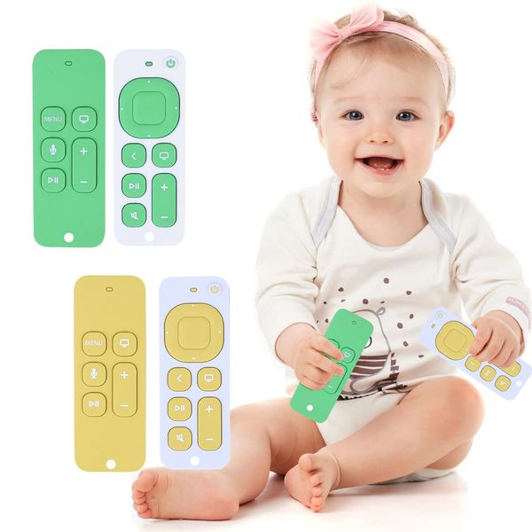 2 Packs Baby Teething Toys, Food-Grade Silicone TV Remote Control Shape Chew Toys for 3-12 Months Boys Girls Toddlers Infants, Best Early Educational Sensory Teething Toys Gift (Yellow & Green)