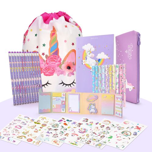 Maomaoyu Cute Unicorn Presents for Girls, Pencil Case with 12 Colorful Unicorn Pencils and Unicorn Aesthetic Stickers, Stationery Sets for Teenage Girls, Purple