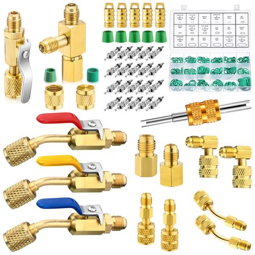 Tujoe 12 Pcs Air Conditioning Refrigerant Compact Ball Valve Coupler Access Tee Compatible with 1/4 Inch SAE for R410A R134A R12 R22 HVAC Adapter 5/16" Female to 1/4" Male with 270 pcs O-ring Set