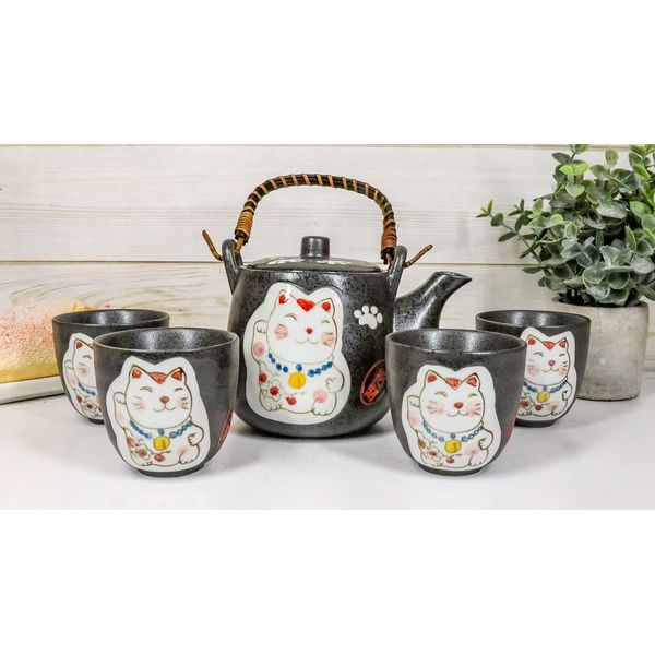 Japanese Design Maneki Neko Lucky Cat Black Ceramic Tea Pot and Cups Set Serves 4 Beautifully Packaged in Gift Box Excellent Home Decor Asian (Black Maneki Neko Set)