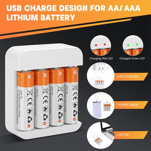 4 Pack Rechargeable 1.5V AA Size Lithium Batteries for Blink Camera, Long-Lasting Double A Battery 2600mWh with 2H Fast Charger (4 Bay Independent Slot)
