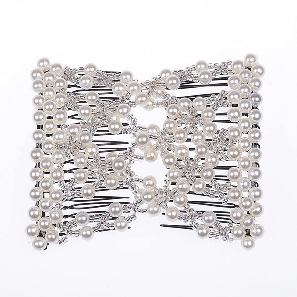 FXQHAN Easy Stretch Beaded Hair Combs Double Magic Slide Metal Comb Clip Hairpins for Women Hair Styling (White)