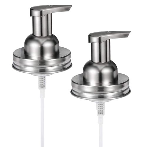 Mason Jar Foaming Soap Pump Dispenser Lids(2)-Rustproof Stainless Steel Lid/Plastic Pump for Pint Regular Mouth Mason Jar,with Waterproof Stickers! -Kitchen Bathroom Farmhouse Decor/Brushed Nickel