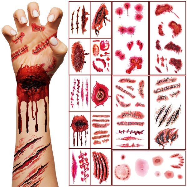 30 Sheets Halloween Fake Scars Tattoos Makeup Kit, Fake Blood Fake Stitches Vampire Cut Scary Face Zombie Makeup Sticker Set Suitable for Halloween Party Cosplay