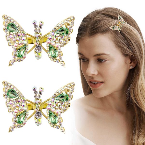 HINZIC 2pcs Rhinestone Butterfly Hair Clip Bling Crystal Metal Hair Accessories Diamond Headdress for Women Wedding Bride Party Prom(Green, Gold)