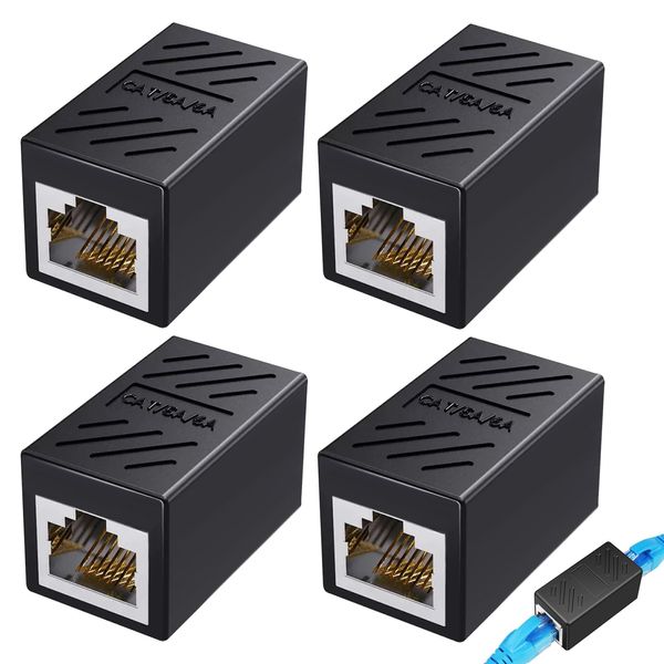Deilonie 4 Pieces RJ45 coupler, Black Ethernet Connector, Female to Female for Cat7/Cat6/Cat5e/Cat5 Ethernet Network Cable, to connect two short network cables, High-Speed 10 Gbps Data Transfer