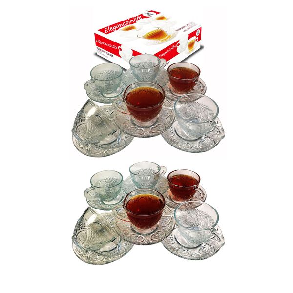 Tea Cup Set 12 Piece Cup & Saucer Set Glass Tea Party Microwave Safe .pack of 2