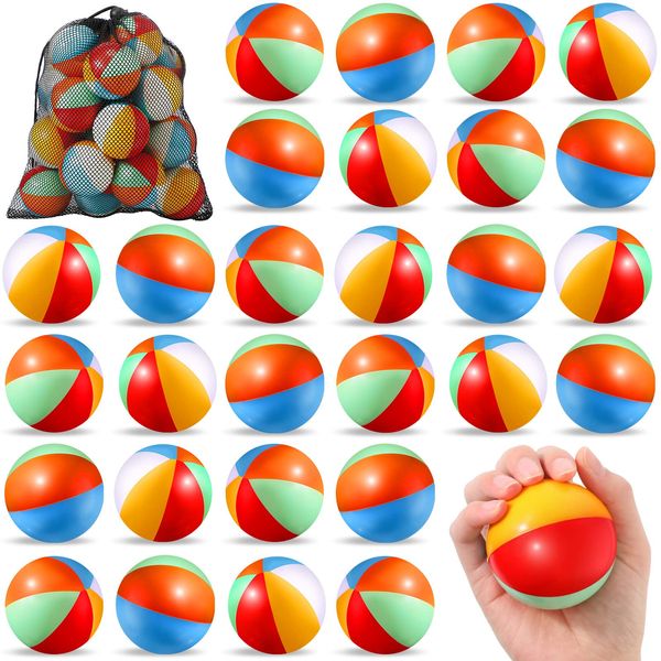 Hungdao 24 Pcs Beach Stress Balls 2.5 Inch Mini Relief Stress Ball Rainbow Beach Stress Ball Swimming Pool Game Toy Foam Sports Ball with Storage Bag for Summer Birthday Party Favor