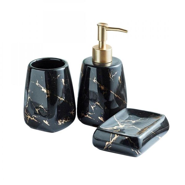 YYW Ceramics Bathroom Sets, 3/4/5 Pieces Modern Luxury Bathroom Accessories Set Marble Pattern Ceramics Bathroom Sets Accessories for Home, Apartment, Dormitory (Shiny Black 3-Piece Bathroom Set)