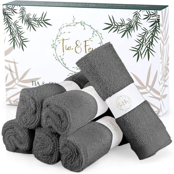 Tia & Fey Face Cloth Made from Bamboo Soft Wash Cloths for face Organic Bamboo Set of 6 Face Towel Gentle on Sensitive Skin Women Makeup Remover Reusable Absorbent Washcloths 10 x 10 Inch (Grey)