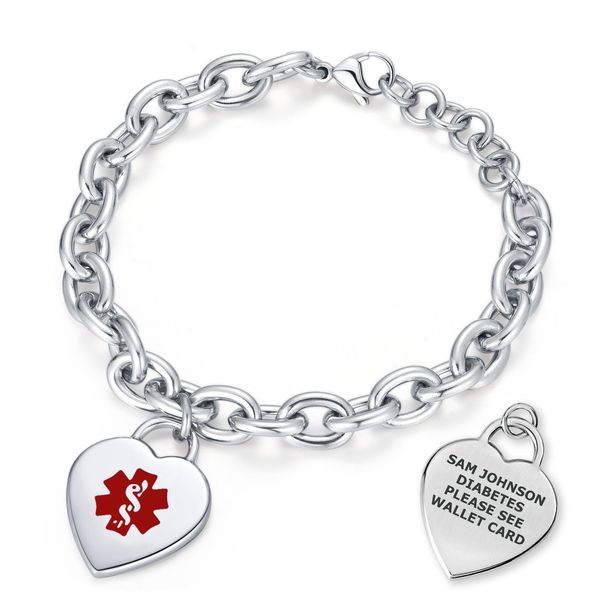 Divoti Deep Custom Laser Engraved Heart Charm 316L Medical Alert Bracelet for Women - Adjustable (fits up to 8.5" wrists)-Red